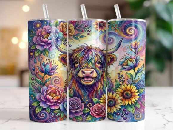 Colorful Highland Cow Floral Tumbler PNG Review
