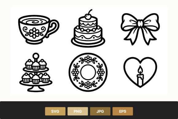 Cup Cake Bow Wreath Black Line Icons Review