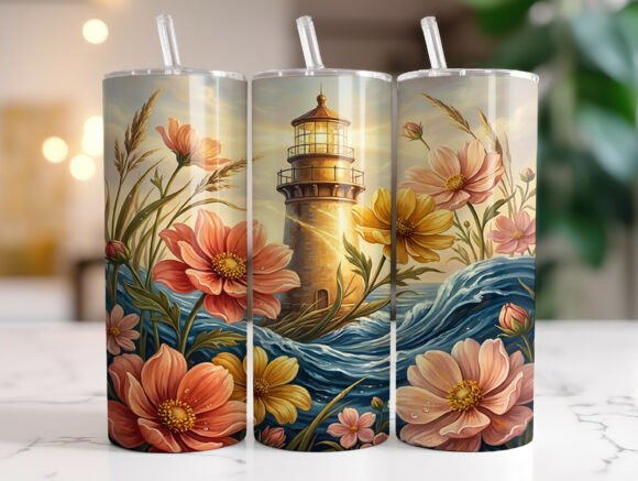 Floral Lighthouse Ocean Waves Tumbler