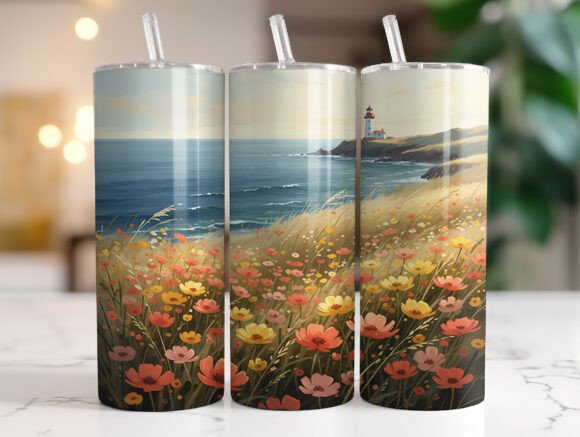Ocean Coastal Flowers Lighthouse Tumbler Wrap Design Review